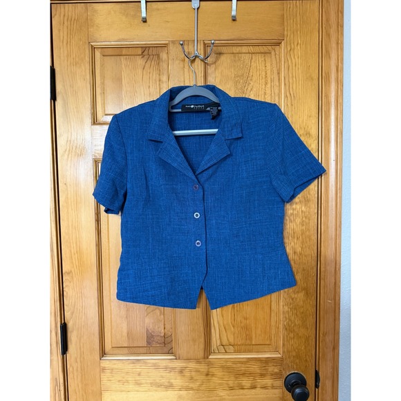 Sag Harbor Tops - Sag Harbor Petite Blue Textured Short Sleeve Button Front Blazer Women 14P